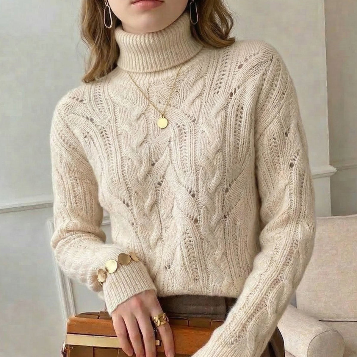 Women's Cable-Knit Turtleneck Wool Sweater