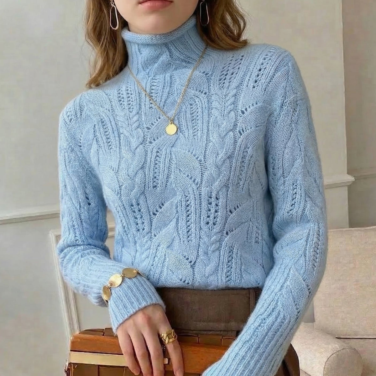 Women's Cable-Knit Turtleneck Wool Sweater