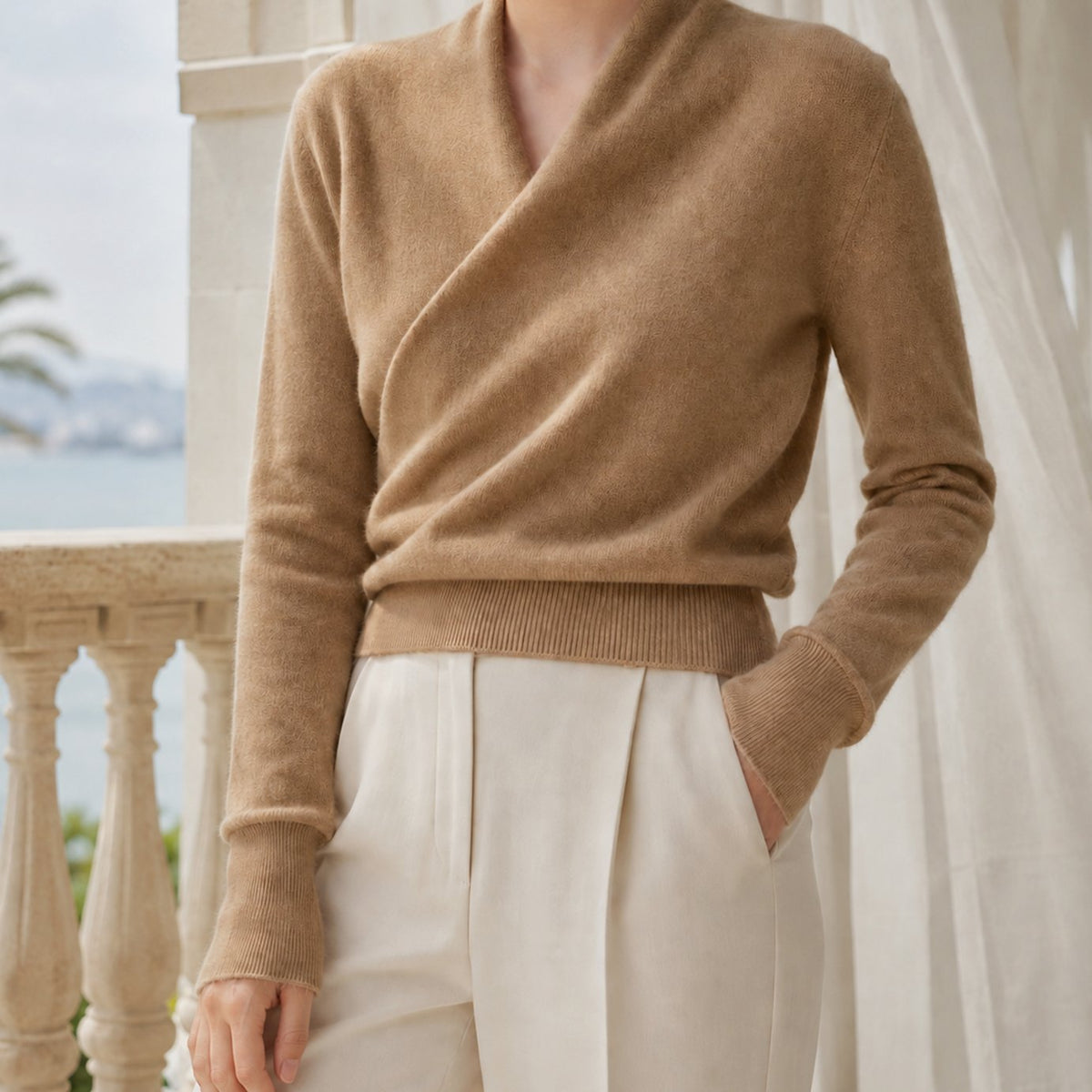 Women's Cashmere-Blend Crossover Shawl-Neck Knit Jumper