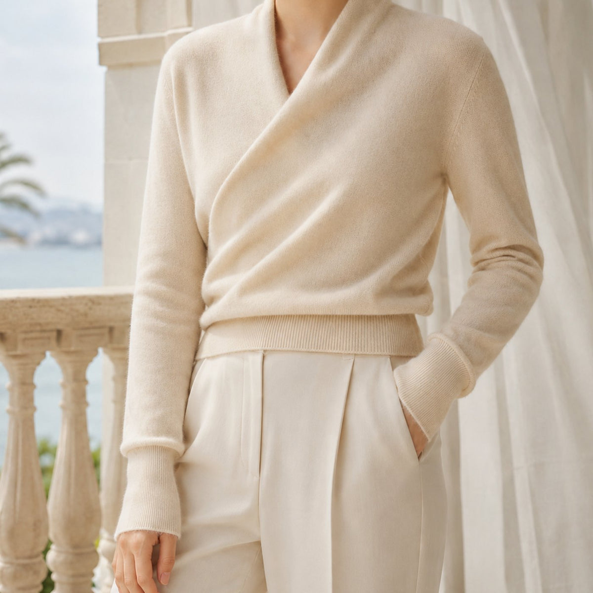 Women's Cashmere-Blend Crossover Shawl-Neck Knit Jumper