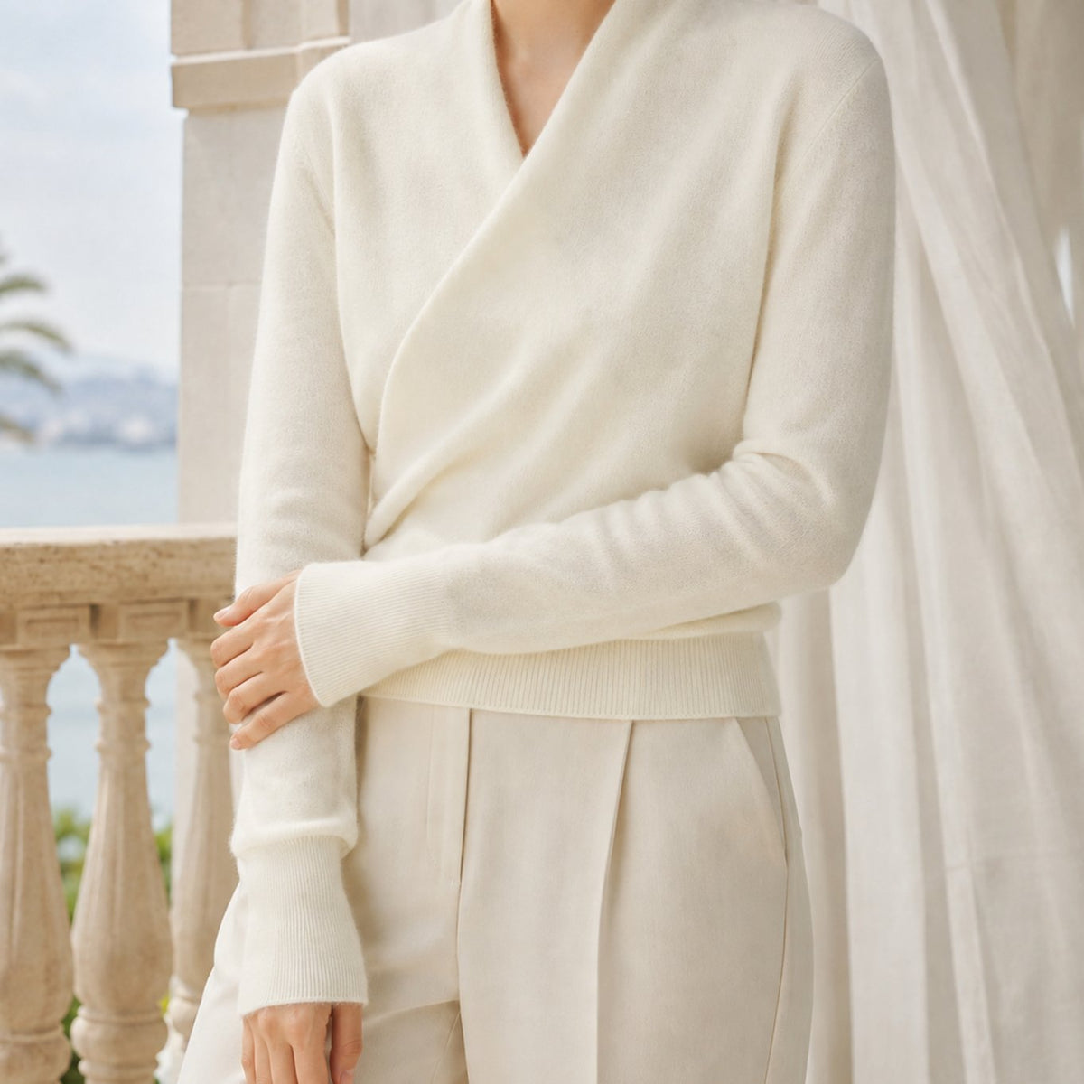 Women's Cashmere-Blend Crossover Shawl-Neck Knit Jumper