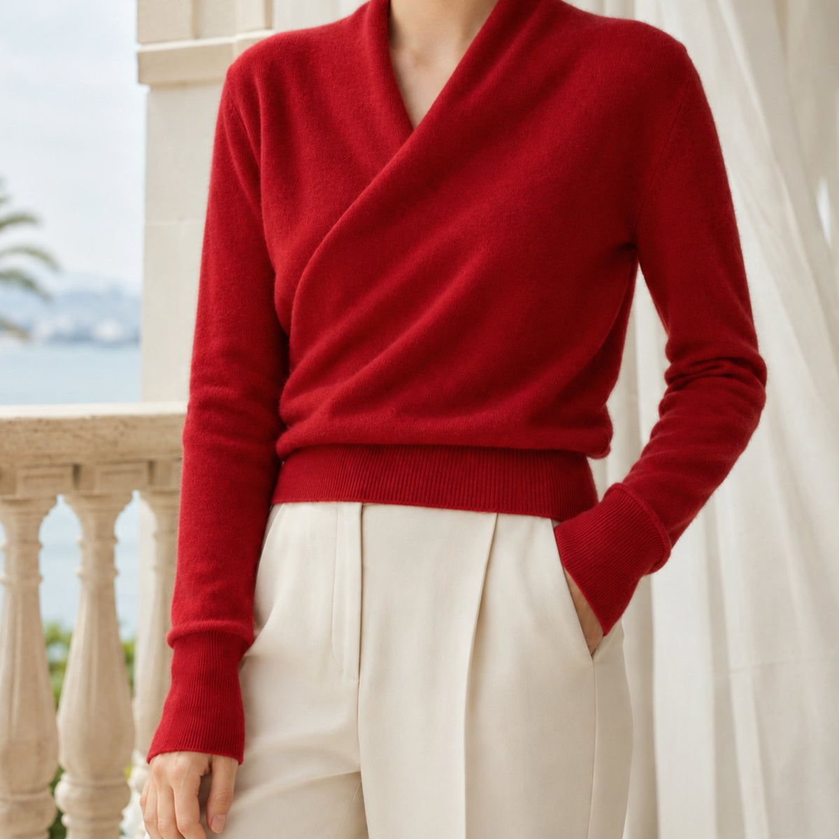 Women's Cashmere-Blend Crossover Shawl-Neck Knit Jumper