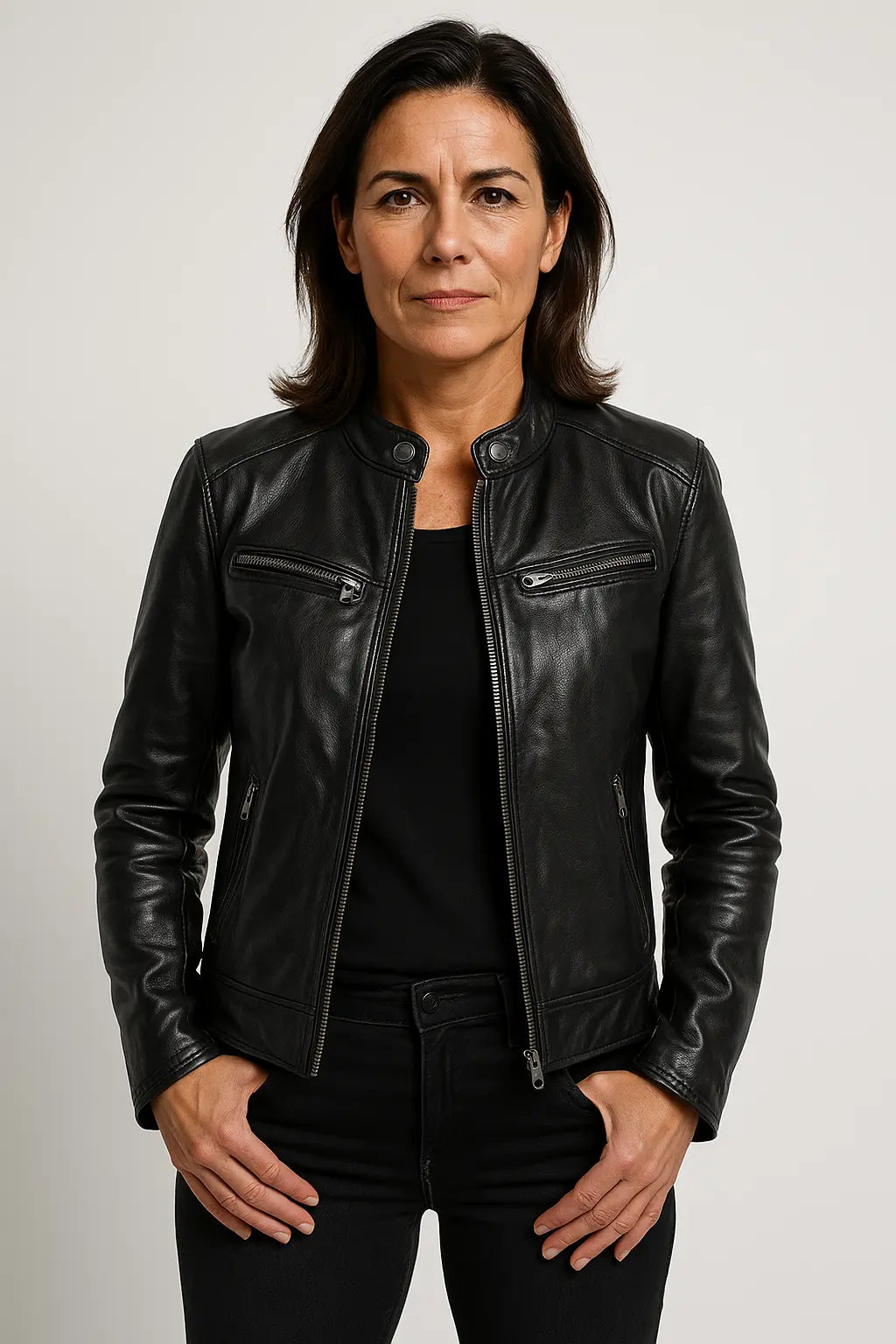 Women's Casual Long-Sleeve Leather Jacket with Relaxed Fit