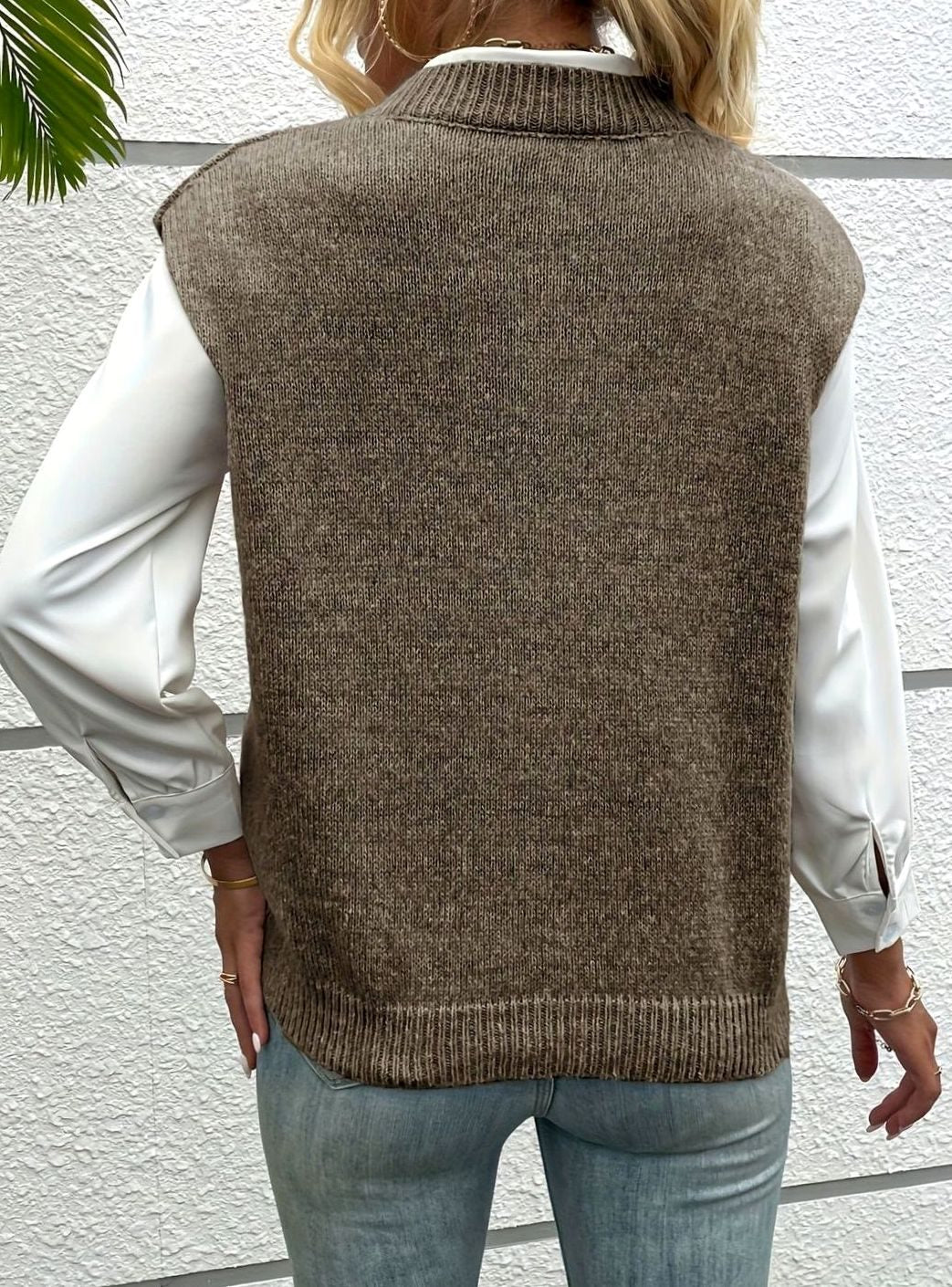 Gilet-pull en maille sans manches à col en V, décontracté, pour femme