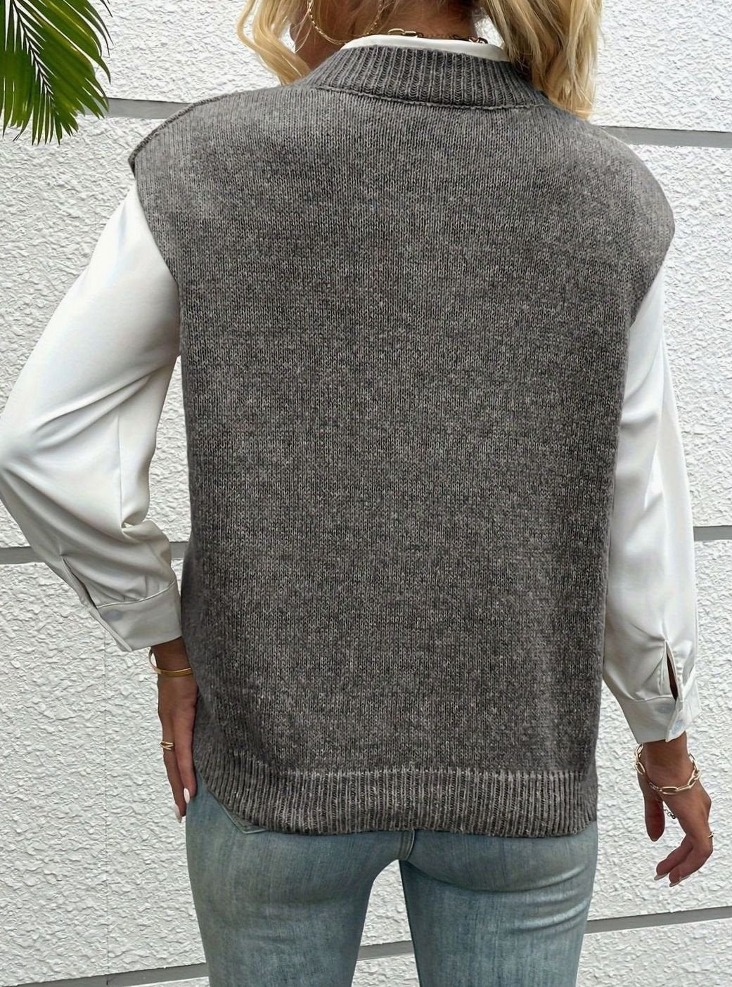 Gilet-pull en maille sans manches à col en V, décontracté, pour femme