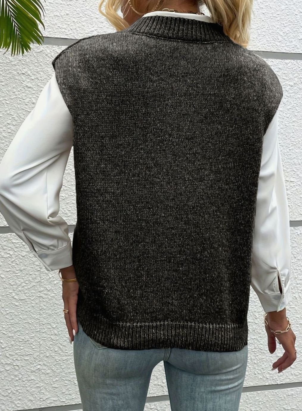 Gilet-pull en maille sans manches à col en V, décontracté, pour femme