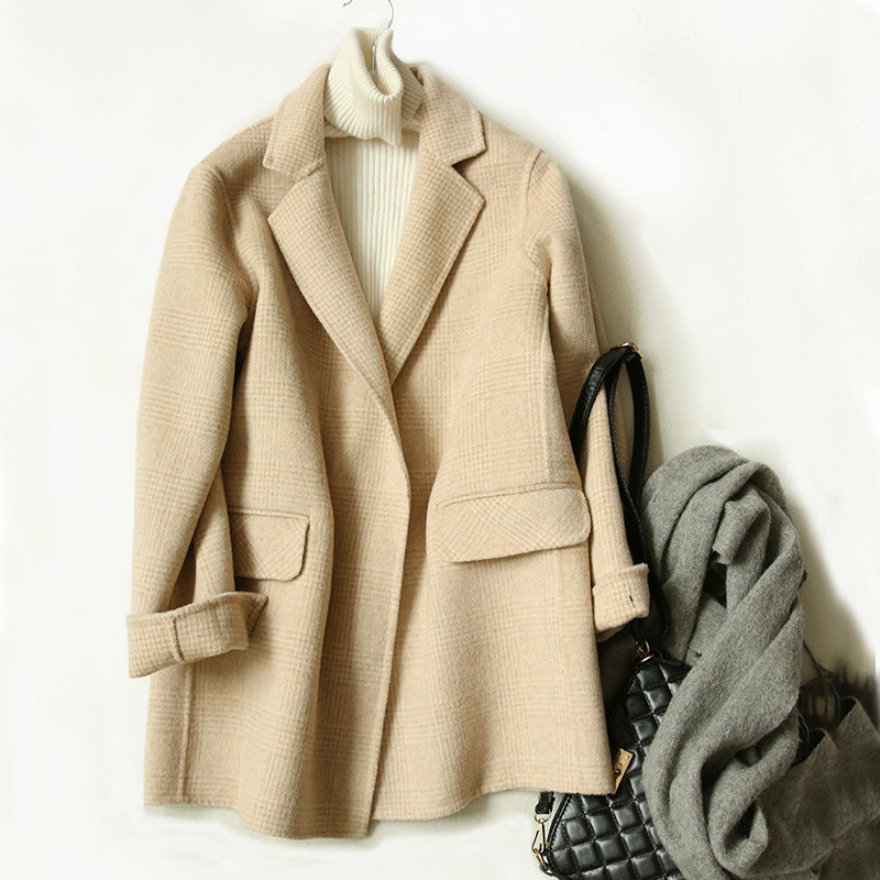 Women's Checked Wool Coat with Notched Collar and Button Front