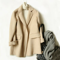 Women's Checked Wool Coat with Notched Collar and Button Front