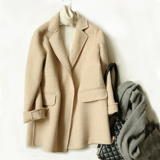 Women's Checked Wool Coat with Notched Collar and Button Front