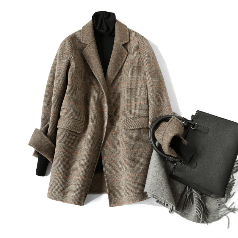 Women's Checked Wool Coat with Notched Collar and Button Front