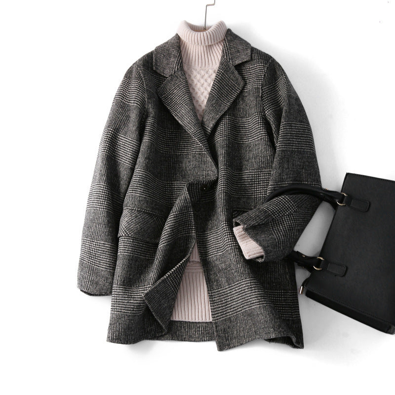 Women's Checked Wool Coat with Notched Collar and Button Front