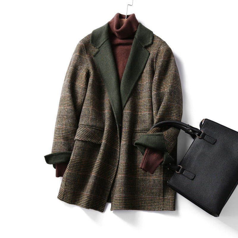 Women's Checked Wool Coat with Notched Collar and Button Front