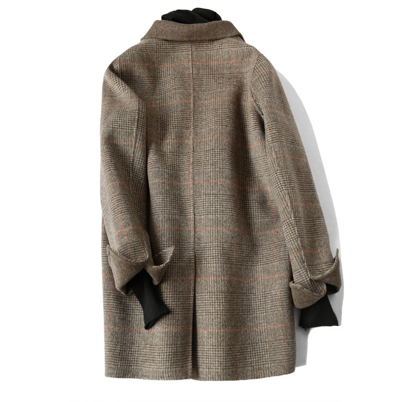 Women's Checked Wool Coat with Notched Collar and Button Front