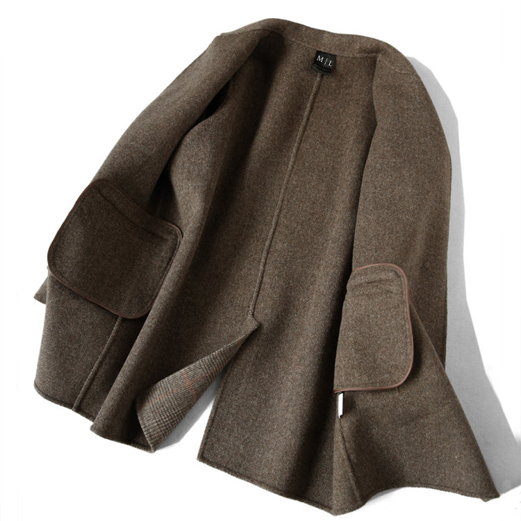 Women's Checked Wool Coat with Notched Collar and Button Front