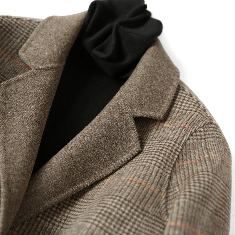 Women's Checked Wool Coat with Notched Collar and Button Front