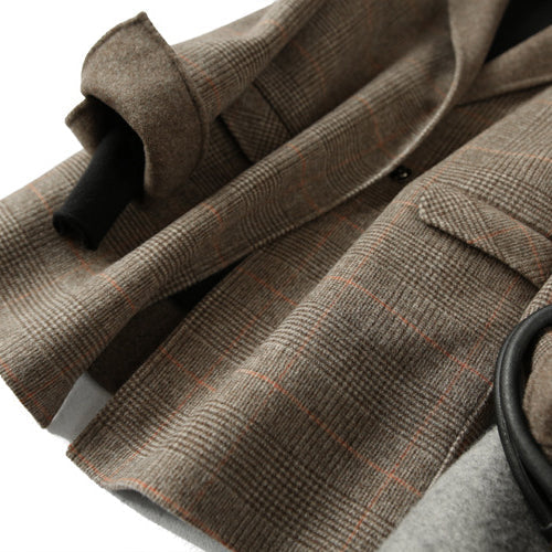 Women's Checked Wool Coat with Notched Collar and Button Front