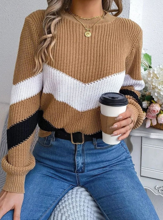 Women's Chevron Color Block Crewneck Knit Sweater