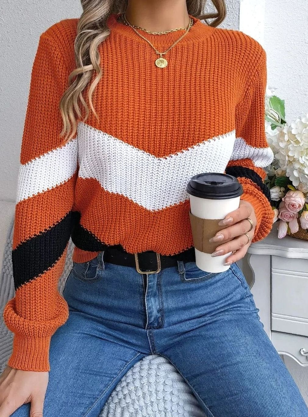 Women's Chevron Color Block Crewneck Knit Sweater