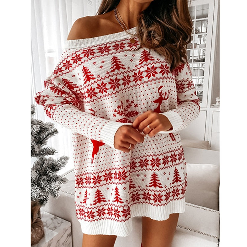 Pull de Noël pour femme - pull festif oversize à épaules dénudées, rouge et blanc, maille douillette