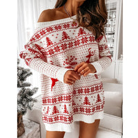 Pull de Noël pour femme - pull festif oversize à épaules dénudées, rouge et blanc, maille douillette