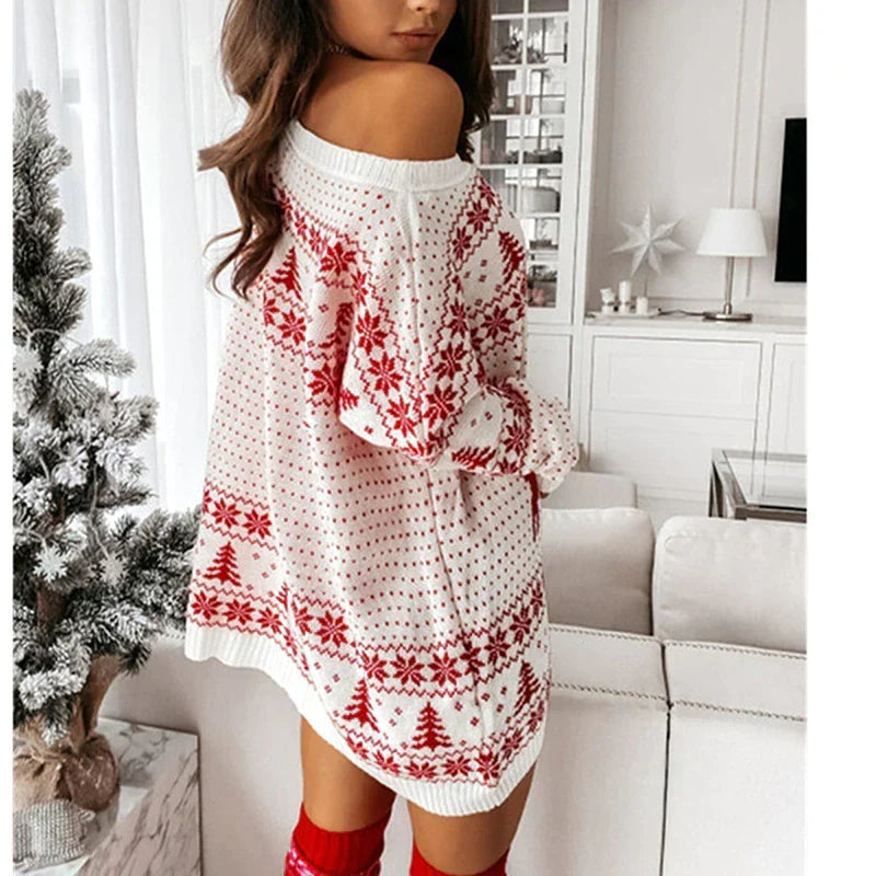Pull de Noël pour femme - pull festif oversize à épaules dénudées, rouge et blanc, maille douillette
