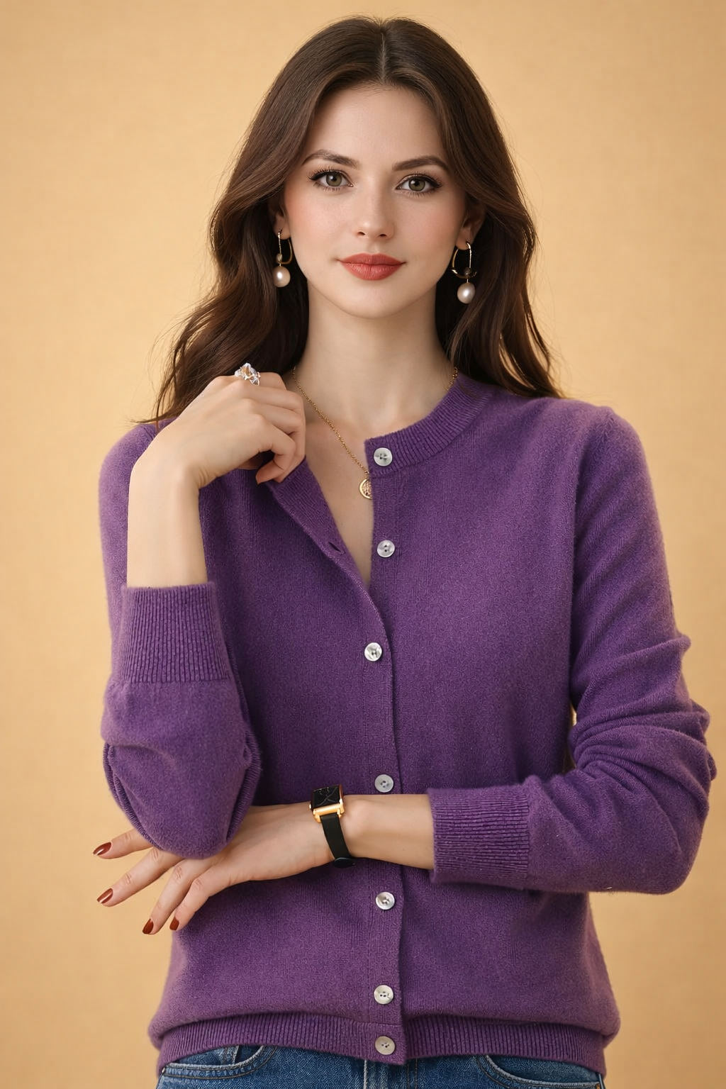 Women's Classic Button-Front Crew Neck Cardigan