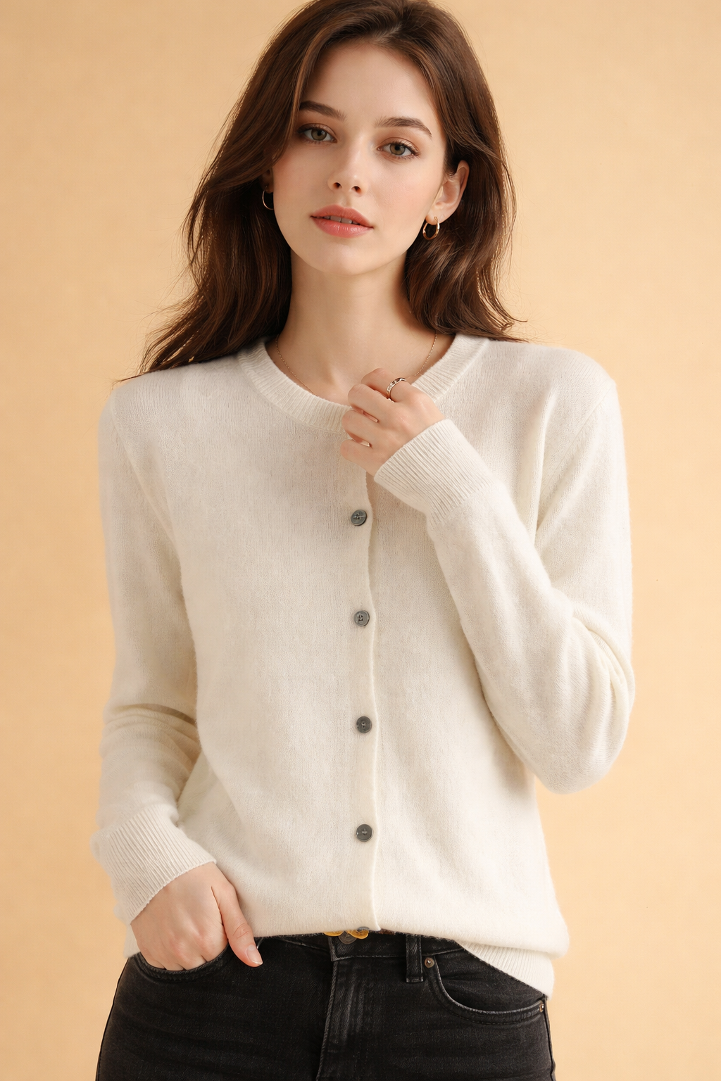 Women's Classic Button-Front Crew Neck Cardigan