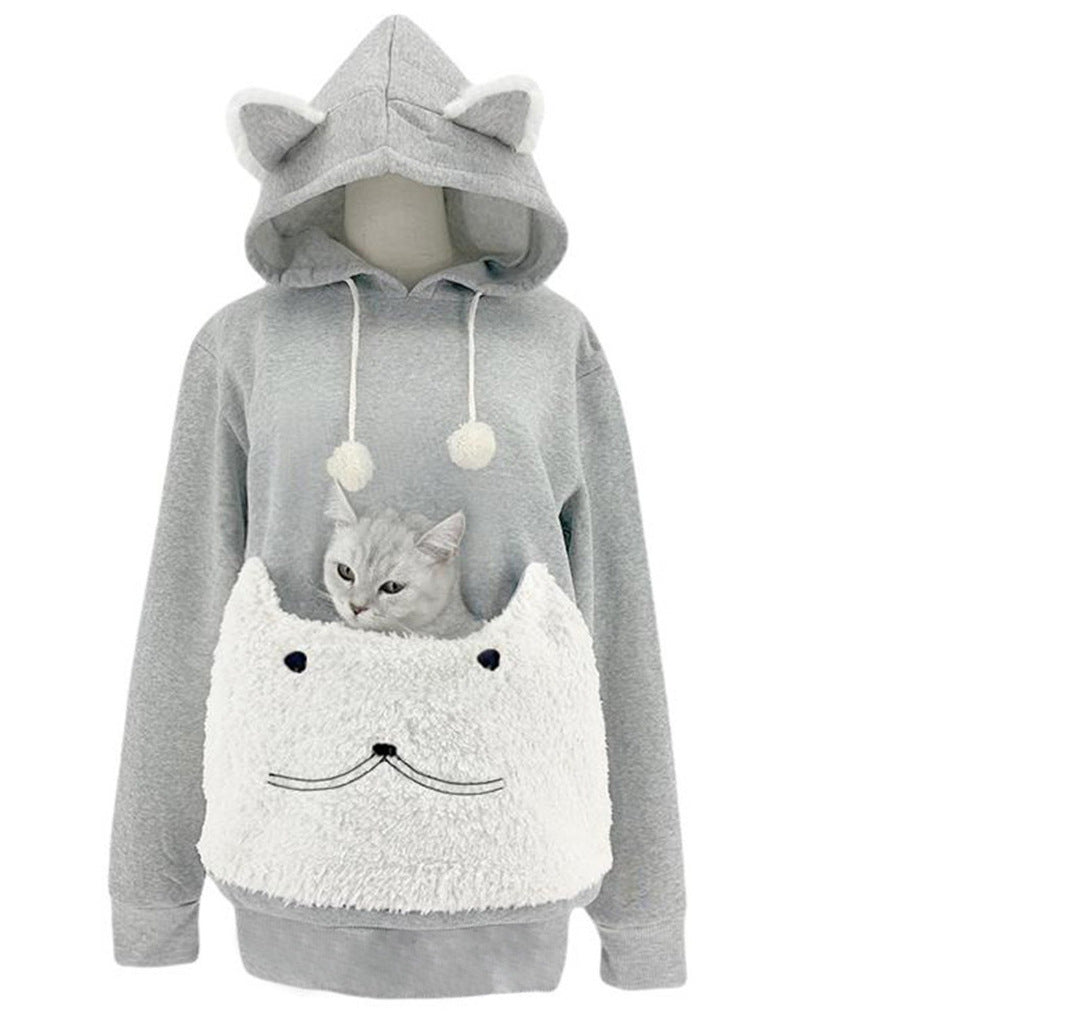 Sweat à capuche douillet pour femme avec motif chat et poche kangourou pratique