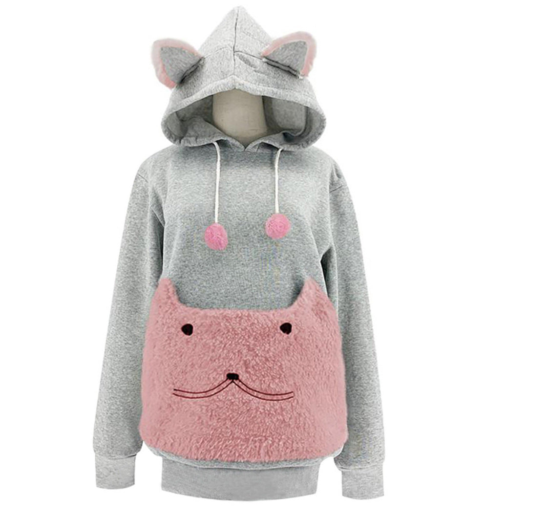 Sweat à capuche douillet pour femme avec motif chat et poche kangourou pratique