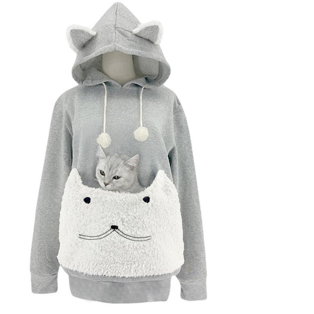 Sweat à capuche douillet pour femme avec motif chat et poche kangourou pratique