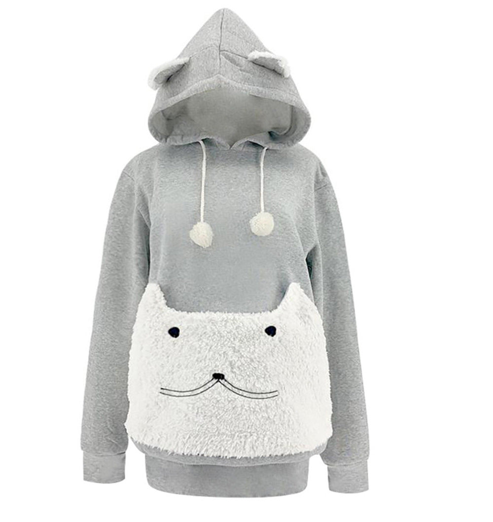 Sweat à capuche douillet pour femme avec motif chat et poche kangourou pratique