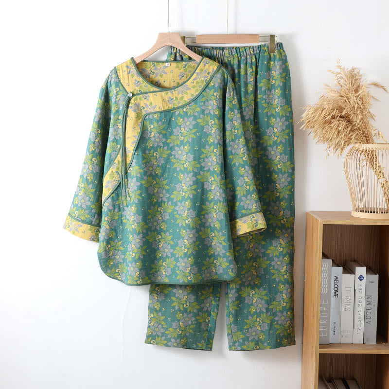 Women's Cotton Gauze Floral Pajama Set with Traditional Buttons – Lightweight, Breathable and Soft 2-Piece Set with Chinese-Style Closure