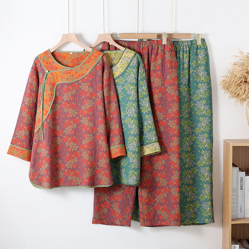 Women's Cotton Gauze Floral Pajama Set with Traditional Buttons – Lightweight, Breathable and Soft 2-Piece Set with Chinese-Style Closure