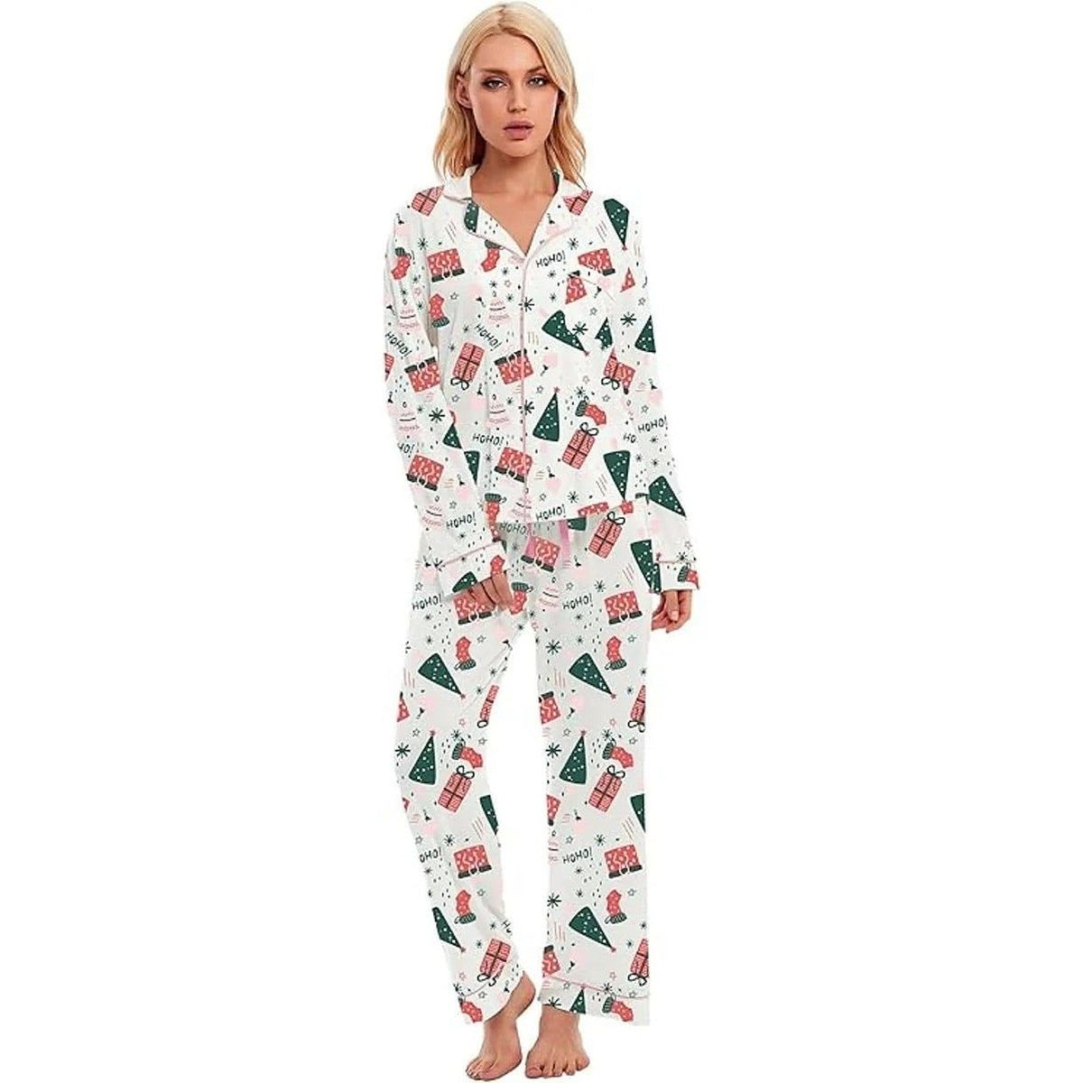 Women's Cotton Pajamas - Christmas Set with Long Sleeves and Button Closure