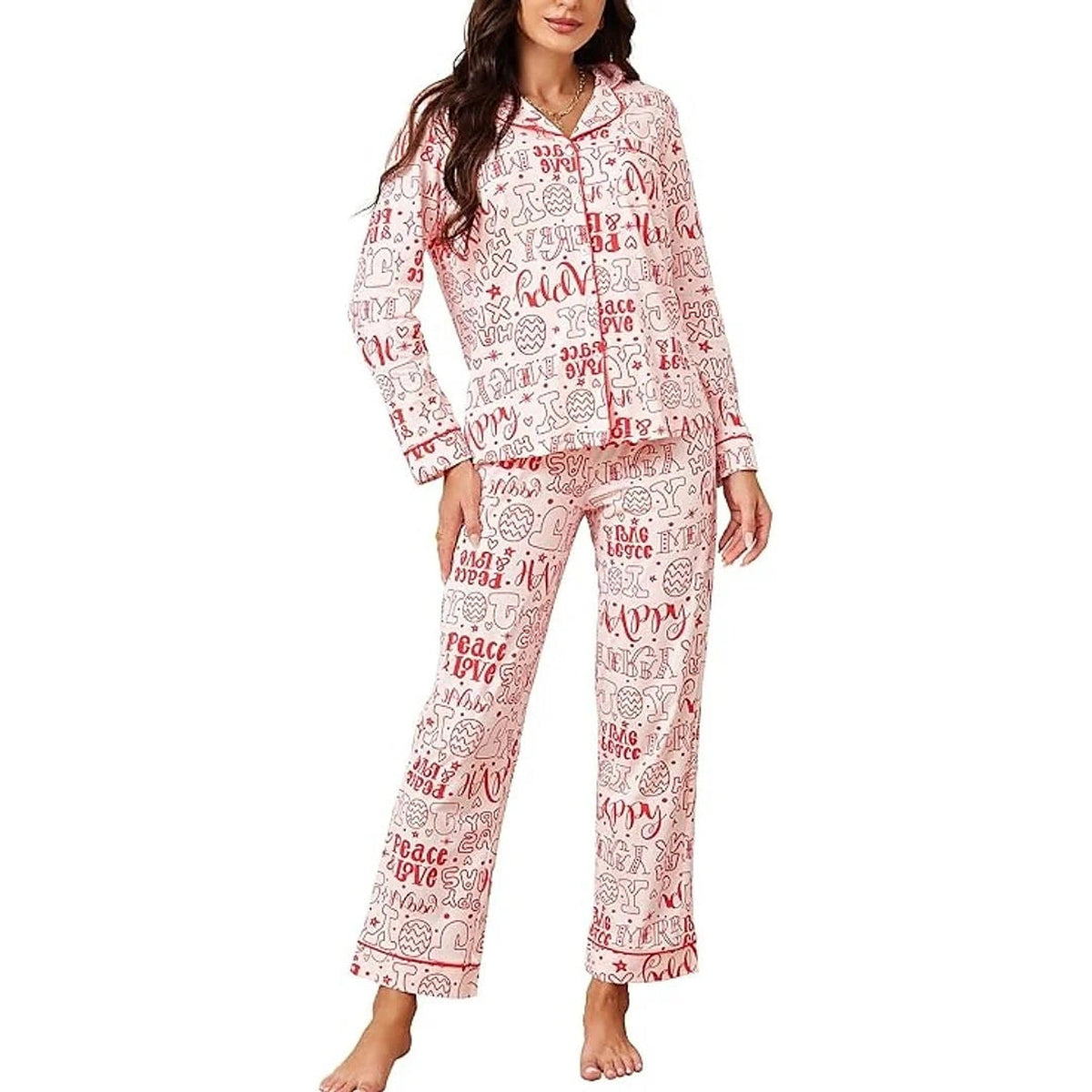 Women's Cotton Pajamas - Christmas Set with Long Sleeves and Button Closure
