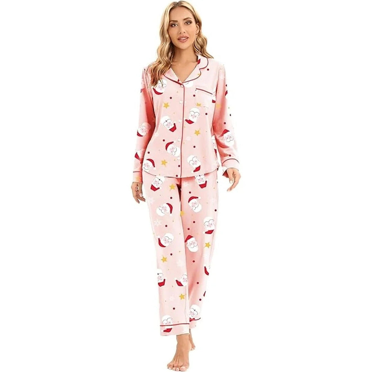 Women's Cotton Pajamas - Christmas Set with Long Sleeves and Button Closure