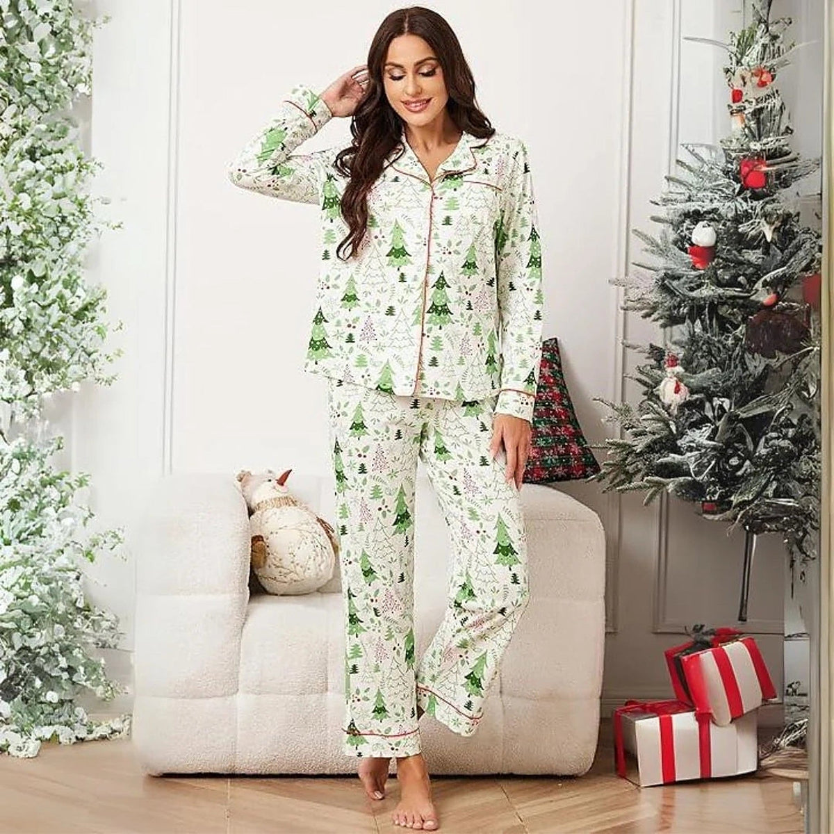 Women's Cotton Pajamas - Christmas Set with Long Sleeves and Button Closure