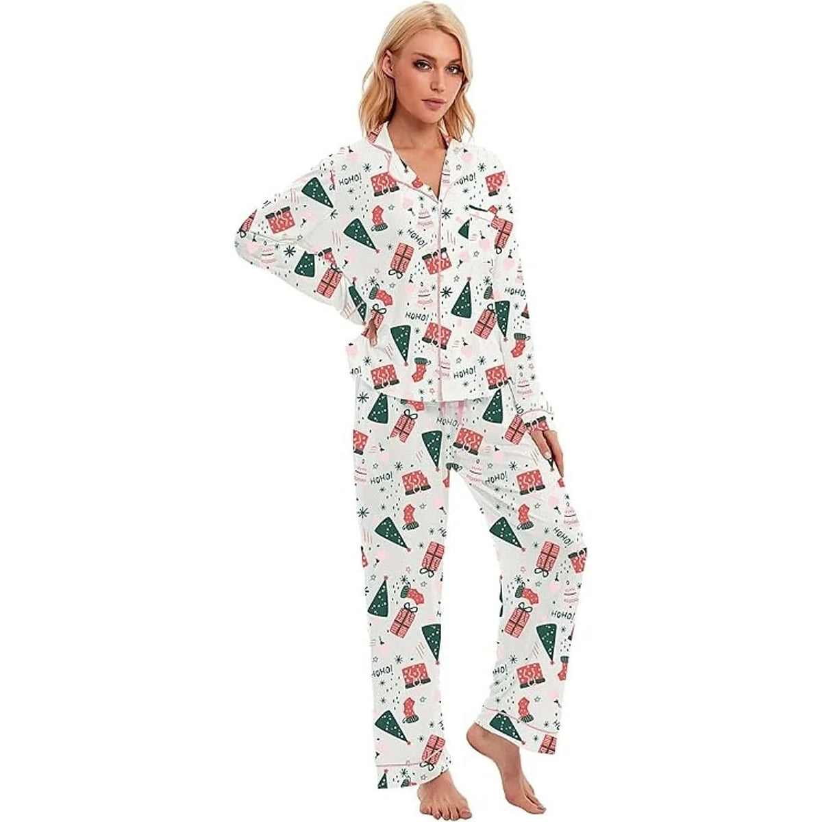 Women's Cotton Pajamas - Christmas Set with Long Sleeves and Button Closure
