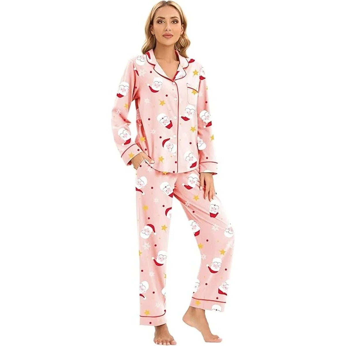 Women's Cotton Pajamas - Christmas Set with Long Sleeves and Button Closure
