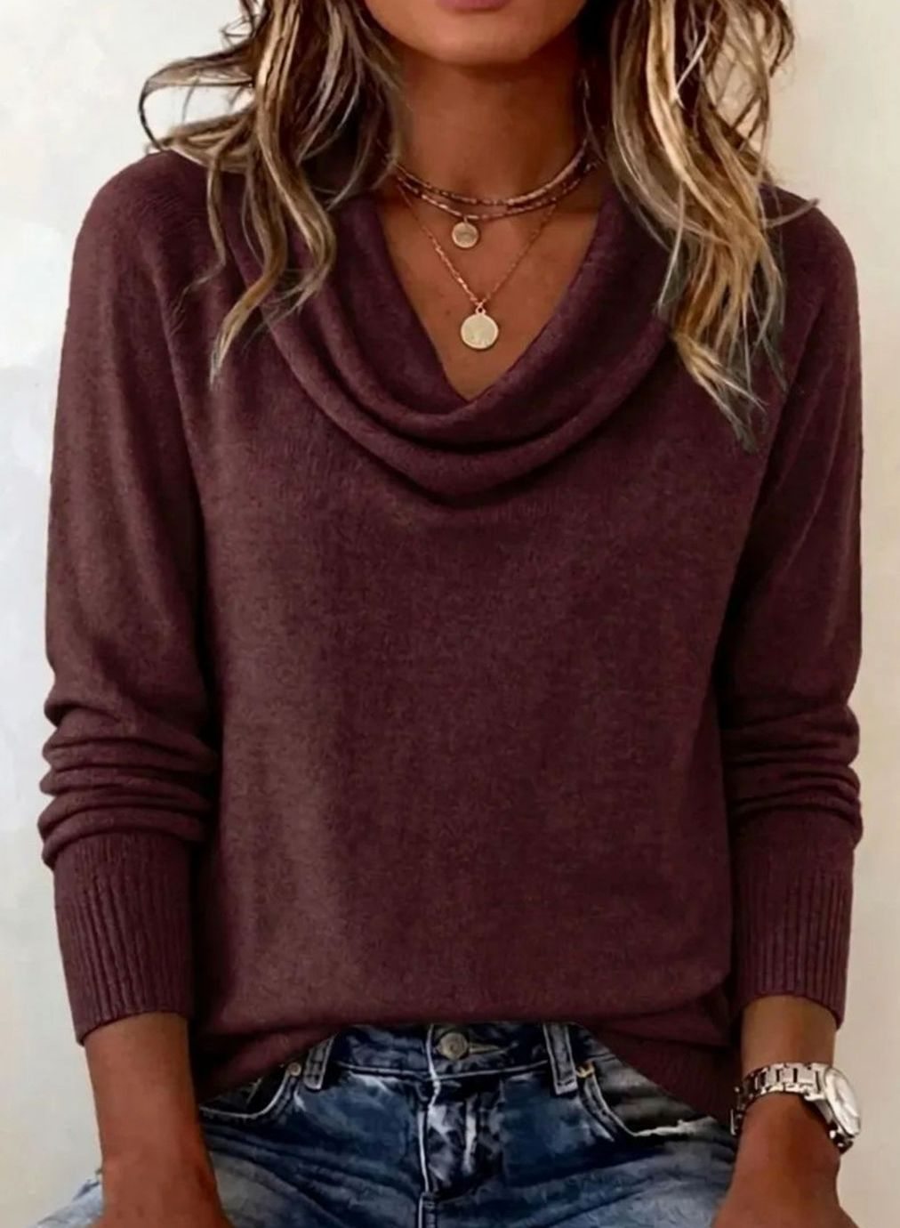 Women's Cowl Neck Long Sleeve Soft Knit Sweater