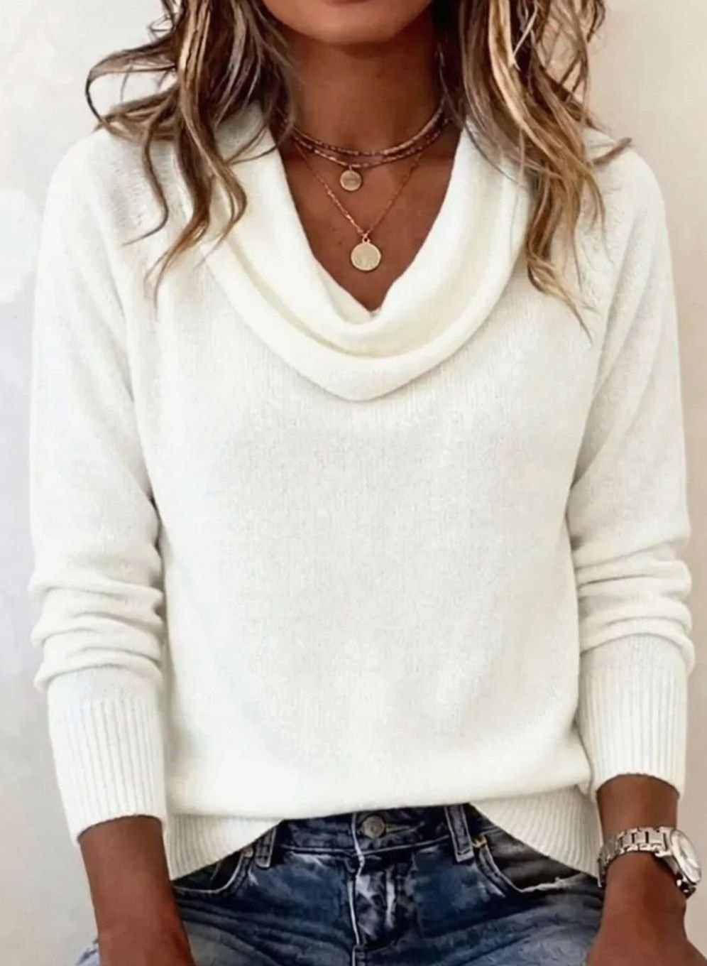 Women's Cowl Neck Long Sleeve Soft Knit Sweater