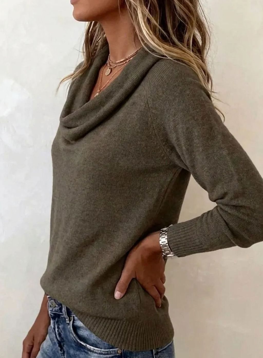 Women's Cowl Neck Long Sleeve Soft Knit Sweater