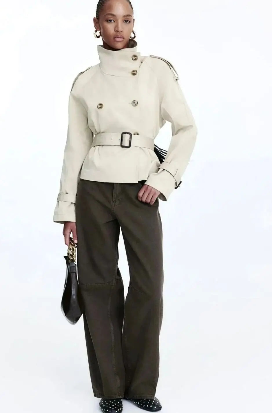 Veste trench courte ceinturée pour femme avec col montant
