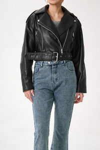 Women's Cropped Belted Zip-Front Moto Jacket