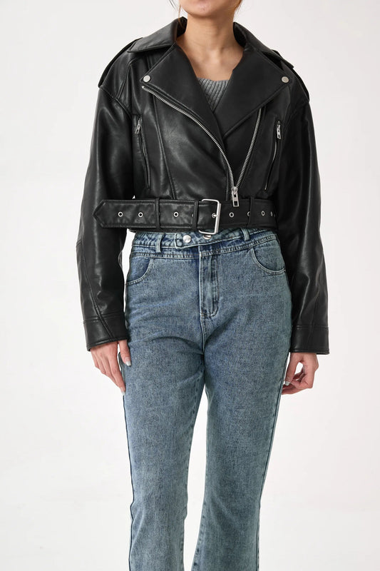Women's Cropped Belted Zip-Front Moto Jacket