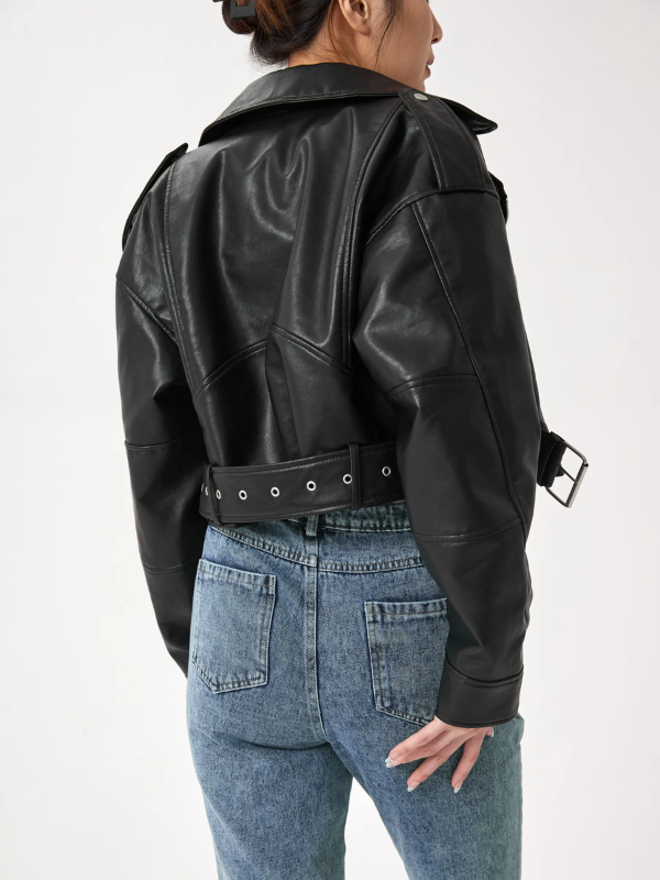 Women's Cropped Belted Zip-Front Moto Jacket