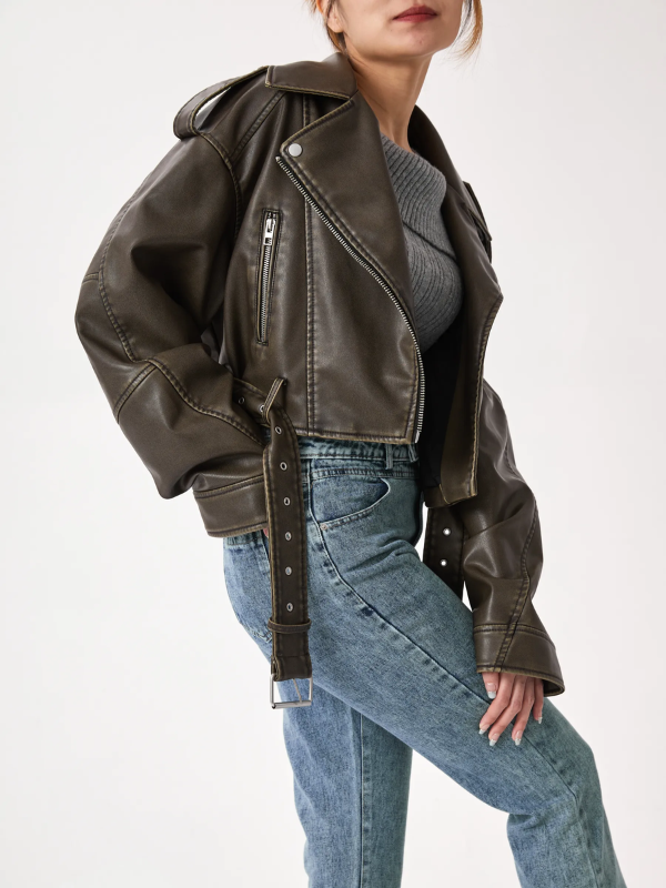 Women's Cropped Belted Zip-Front Moto Jacket