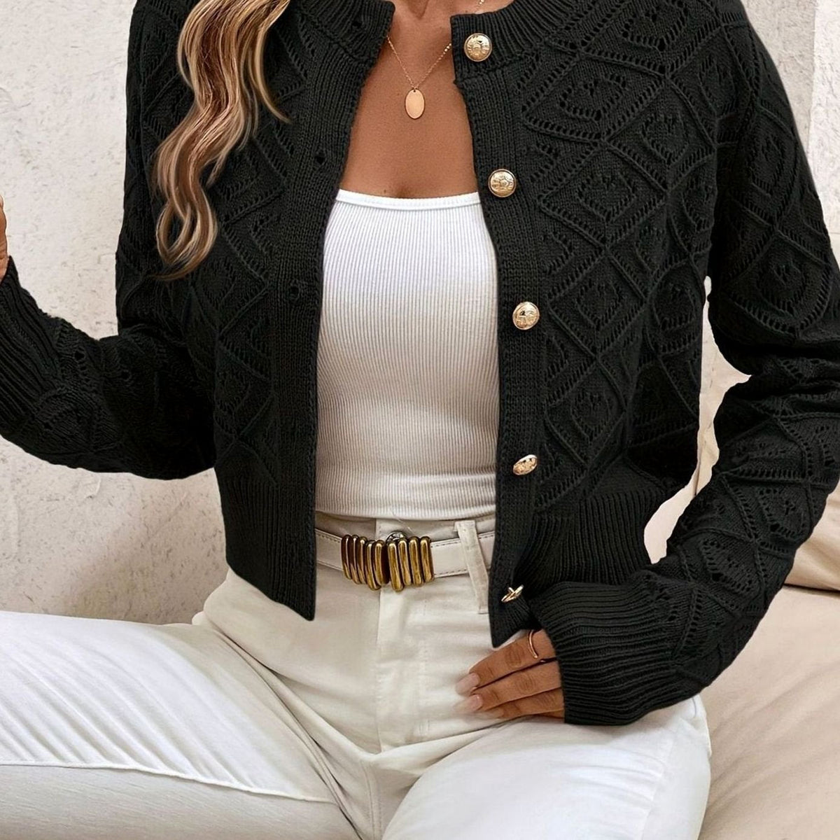 Women's Cropped Diamond-Knit Button-Front Cardigan