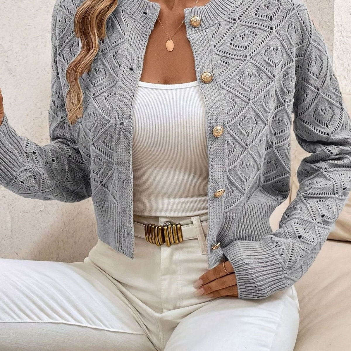 Women's Cropped Diamond-Knit Button-Front Cardigan