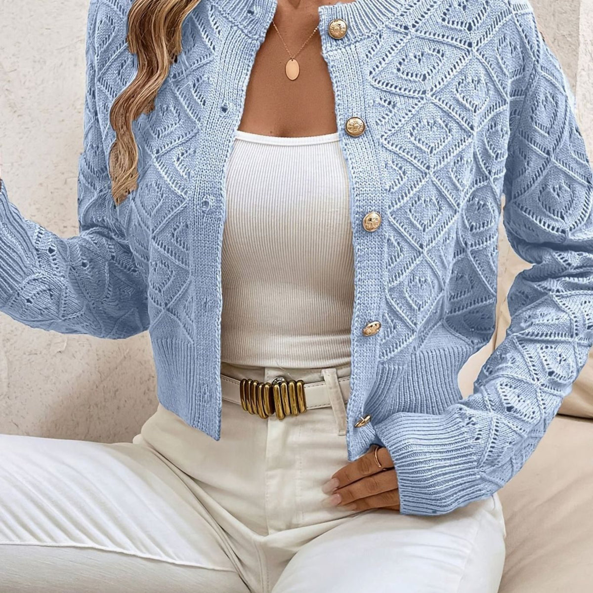 Women's Cropped Diamond-Knit Button-Front Cardigan